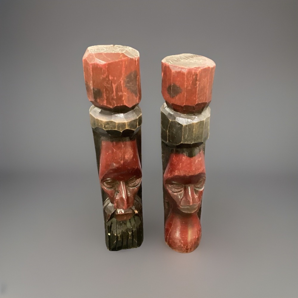 VTG Hand Carved Wooden Statues Tiki Man Woman Rastafarian‎ Head Jamaica Decor 9"